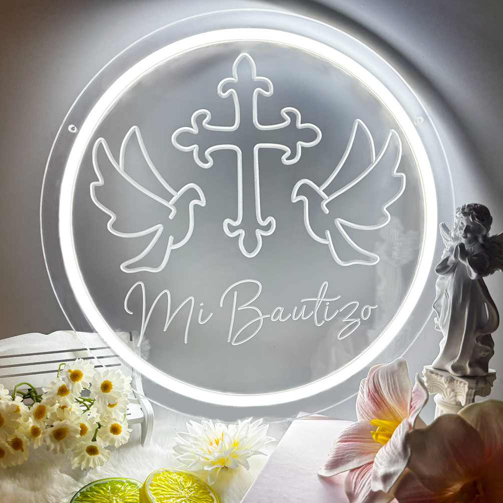 Cross Dove Pattern Custom Name Neon Sign , 3D engraving, personalised LED neon light, suitable for weddings, children's rooms, bedrooms, living room decorations, unique and ideal gift for birthdays, weddings, christenings, children's day, housewarming and more!