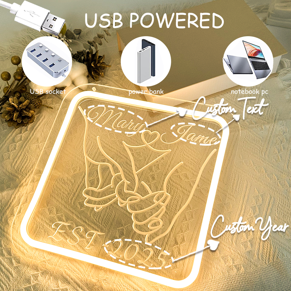 Custom hand-holding name and year neon sign, 3D engraving, personalised LED wall decoration, suitable suitable for wedding, Valentine's Day, birthday, home decoration, a unique and ideal gift for weddings, parties, anniversaries, housewarming and so on! - 图片 4