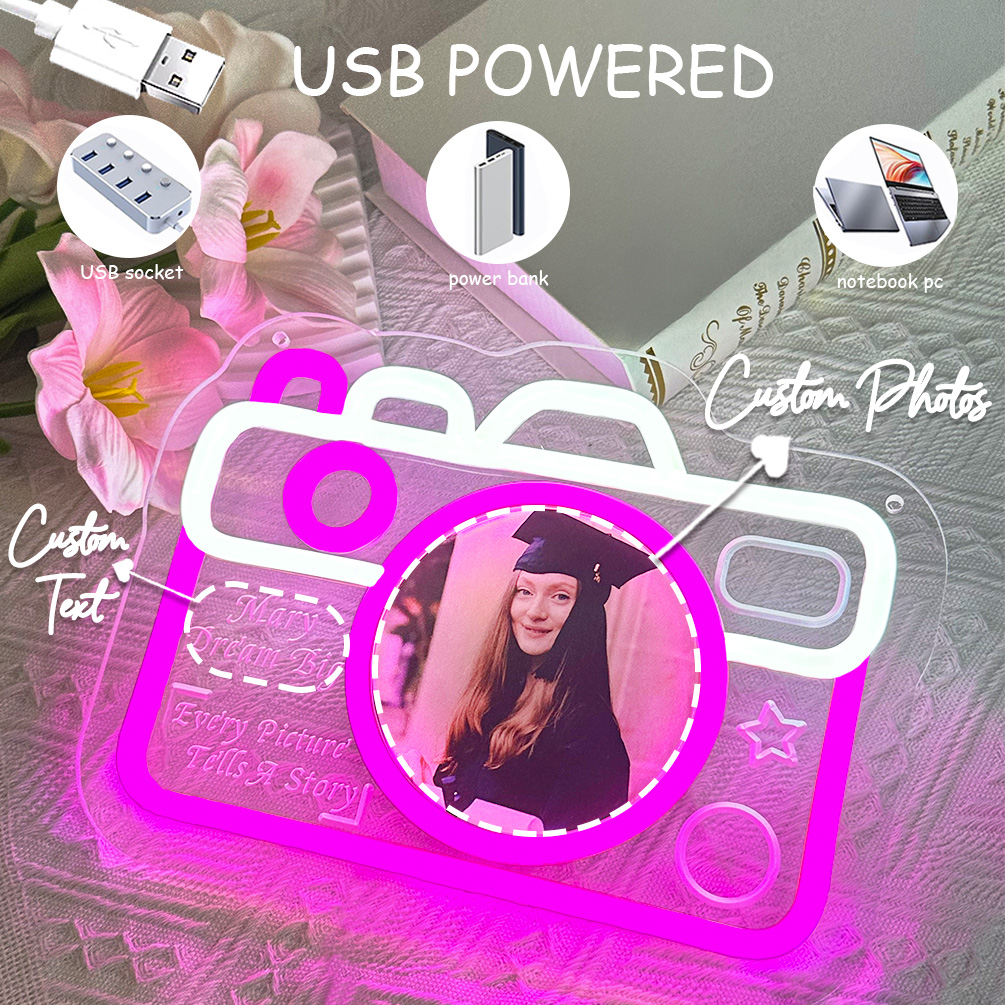 Custom camera picture and name neon sign, personalised UV LED neon for graduation season, weddings, studios, parties, photo clubs, living rooms and home decor, ideal gift for weddings, parties, birthdays, housewarming and other perfect matches! - 图片 4