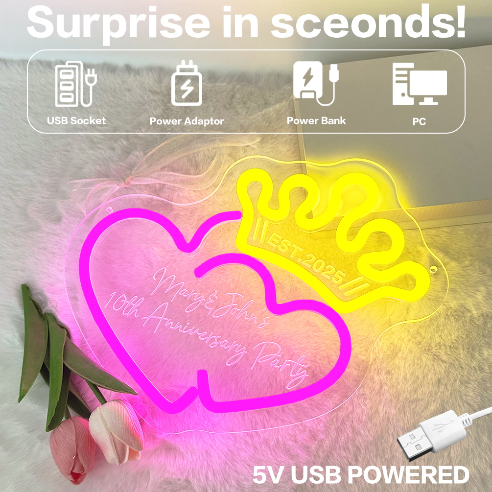 Custom double heart neon with crown motif and name, 3D engraving, personalised LED neon lights for weddings, engagements, restaurants, parties, clubs, bedrooms and living room decorations, ideal for parties, weddings and bedroom one-of-a-kind gifts! - 图片 4