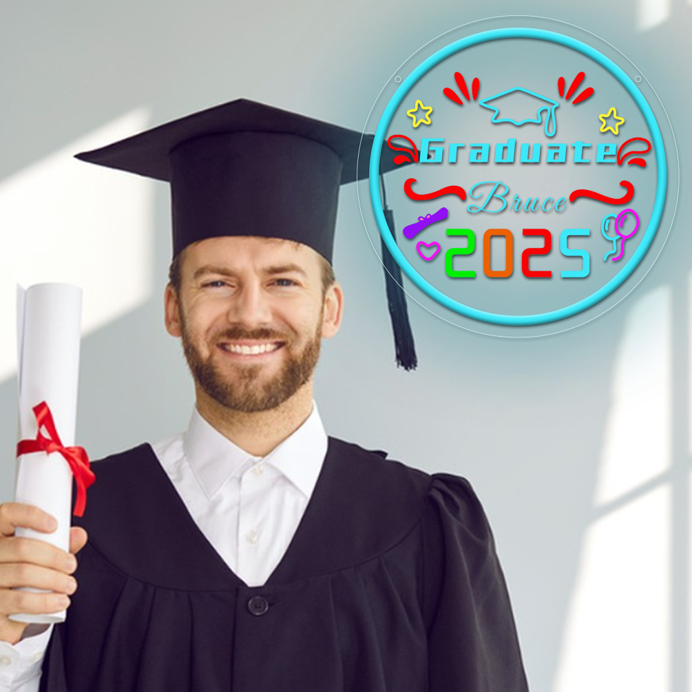 Custom round graduation season neon sign with 3D engraving and LED neon lights for graduation, parties, events, bedrooms, living rooms and home decoration, unique and ideal gift for birthdays, parties, ceremonies, graduations, housewarming and more! - 图片 2