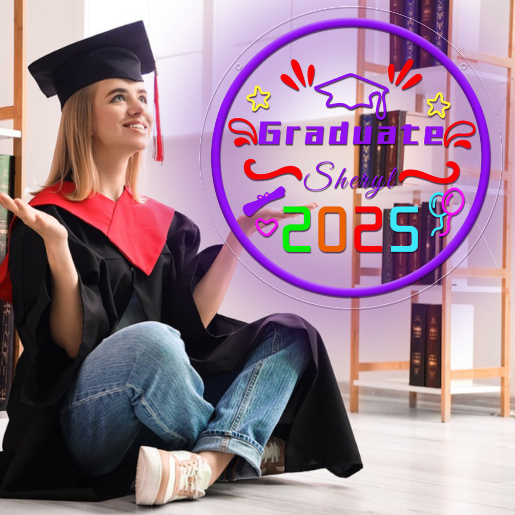 Custom round graduation season neon sign with 3D engraving and LED neon lights for graduation, parties, events, bedrooms, living rooms and home decoration, unique and ideal gift for birthdays, parties, ceremonies, graduations, housewarming and more! - 图片 6
